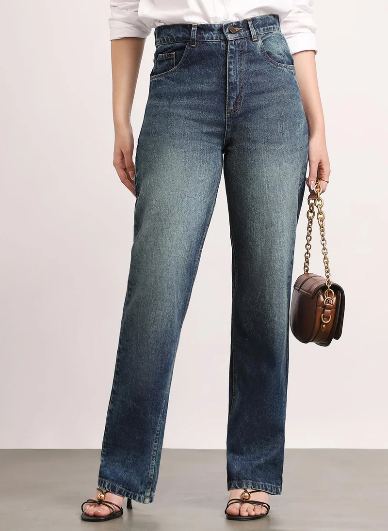 Urbano Fashion Women's Dark Blue High Rise Straight Fit Washed Jeans Non-Stretchable